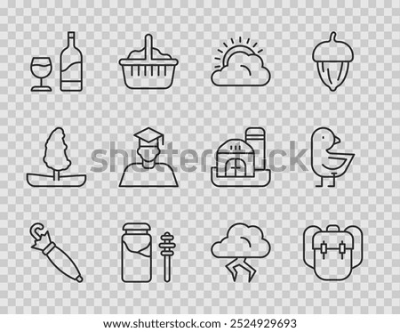 Set line Umbrella, School backpack, Sun and cloud weather, Jar of honey dipper stick, Wine bottle with glass, Graduate graduation cap, Storm and Little chick icon. Vector