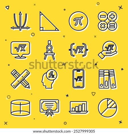 Set line Pie chart infographic, Office folders, Square root of x glyph, symbol, Drawing compass, Graph, schedule, chart, diagram and  icon. Vector