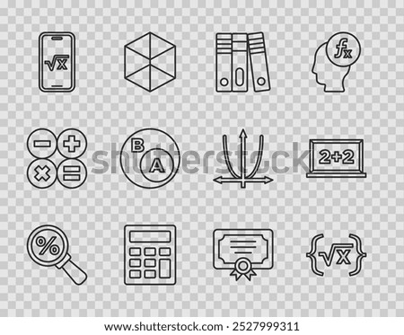 Set line Magnifying glass with percent, Square root of x glyph, Office folders, Calculator, Subsets, math, is subset b, Certificate template and Chalkboard icon. Vector