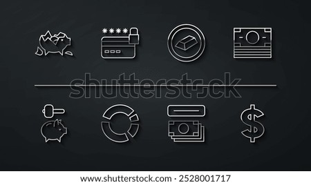 Set line Broken piggy bank, Piggy and hammer, Stacks paper money cash, ATM, Pie chart infographic, Credit card with lock, Dollar symbol and Gold bars icon. Vector