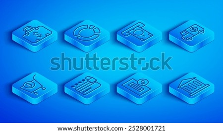 Set line Briefcase and money, Pie chart infographic, ATM, Credit card with lock, Inserting coin, Armored truck, Shopping cart dollar and Bank building icon. Vector