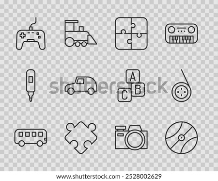 Set line Bus toy, Basketball ball, Puzzle pieces, Gamepad, Toy car, Photo camera and Yoyo icon. Vector