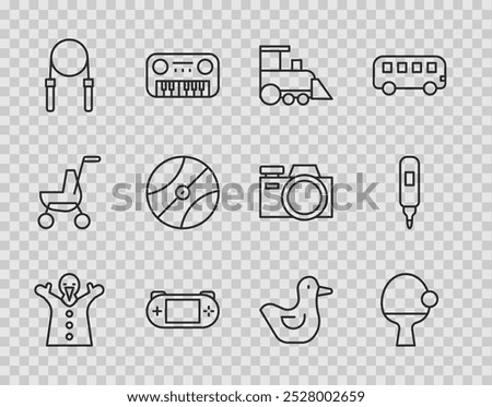 Set line Toy puppet doll on hand, Racket ball, train, Portable video game console, Jump rope, Basketball, Rubber duck and Marker pen icon. Vector