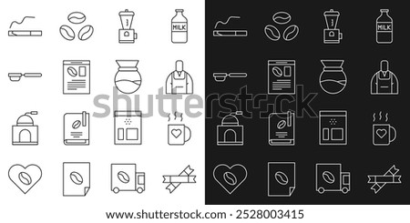 Set line Sugar stick packets, Coffee cup and heart, Barista, Electric coffee grinder, Newspaper, filter holder, Cigarette and Pour over maker icon. Vector