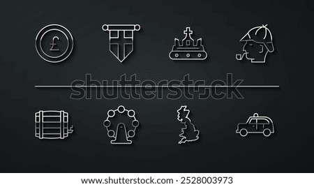 Set line Coin money with pound, Wooden barrel, Sherlock Holmes, England map, London eye, flag pennant, Taxi car and British crown icon. Vector