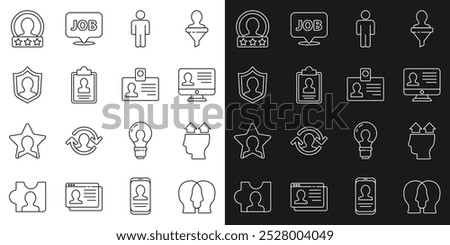 Set line Project team base, User of man, Monitor with resume, Clipboard, protection, Create account screen and Identification badge icon. Vector