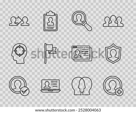 Set line Create account screen, Magnifying glass for search, Laptop with resume, Project team base, Location marker,  and User protection icon. Vector