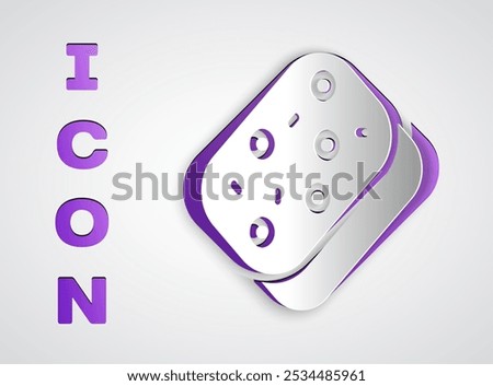 Paper cut Sponge with bubbles icon isolated on grey background. Wisp of bast for washing dishes. Cleaning service logo. Paper art style. Vector