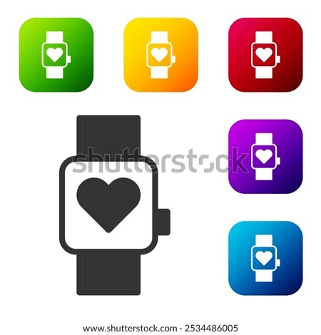 Black Smart watch showing heart beat rate icon isolated on white background. Fitness App concept. Set icons in color square buttons. Vector