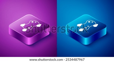 Isometric Sponge icon isolated on blue and purple background. Wisp of bast for washing dishes. Cleaning service logo. Square button. Vector