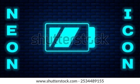 Glowing neon Battery for camera icon isolated on brick wall background. Lightning bolt symbol.  Vector