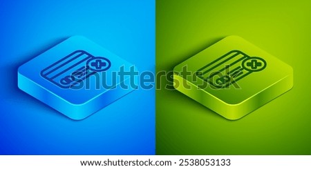 Isometric line Credit card remove icon isolated on blue and green background. Online payment. Cash withdrawal. Financial operations. Shopping sign. Square button. Vector Illustration