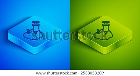 Isometric line Genetically modified apple icon isolated on blue and green background. GMO fruit. Syringe being injected to apple. Square button. Vector