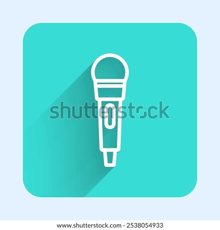 White line Microphone icon isolated with long shadow background. On air radio mic microphone. Speaker sign. Green square button. Vector