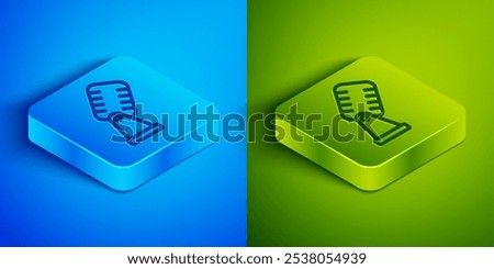 Isometric line Microphone icon isolated on blue and green background. On air radio mic microphone. Speaker sign. Square button. Vector