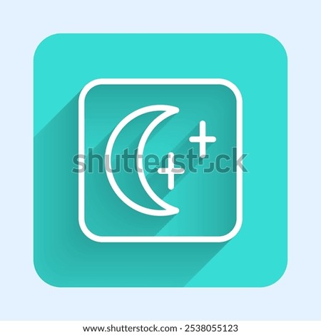 White line Moon and stars icon isolated with long shadow background. Cloudy night sign. Sleep dreams symbol. Full moon. Night or bed time sign. Green square button. Vector