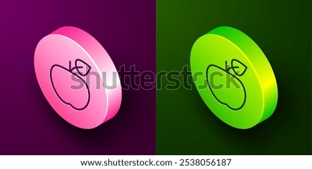 Isometric line Apple icon isolated on purple and green background. Excess weight. Healthy diet menu. Fitness diet apple. Circle button. Vector