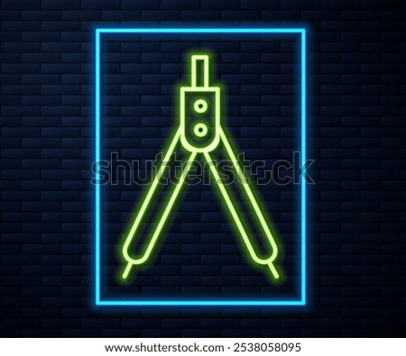 Glowing neon line Drawing compass icon isolated on brick wall background. Compasses sign. Drawing and educational tools. Geometric instrument.  Vector Illustration