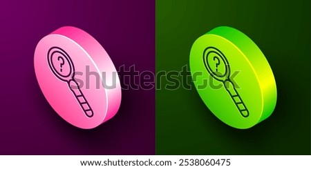 Isometric line Unknown search icon isolated on purple and green background. Magnifying glass and question mark. Circle button. Vector