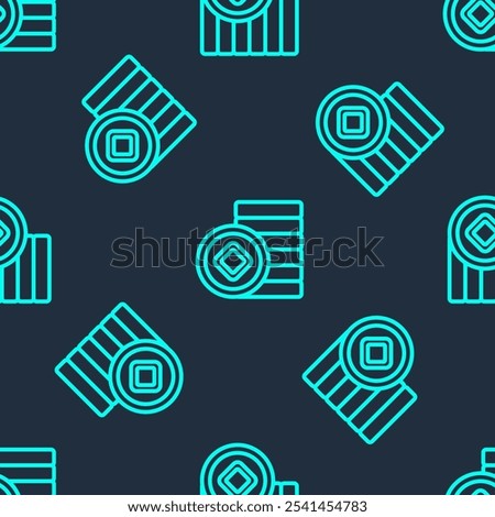 Green line Chinese Yuan currency symbol icon isolated seamless pattern on blue background. Coin money. Banking currency sign. Cash symbol.  Vector