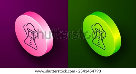 Isometric line Chemical experiment, explosion in the flask icon isolated on purple and green background. Chemical explosion in a test tube. Circle button. Vector