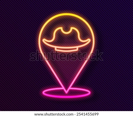 Glowing neon line Location pirate icon isolated on black background.  Vector