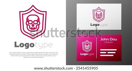 Logotype line Shield with pirate skull icon isolated on white background. Logo design template element. Vector