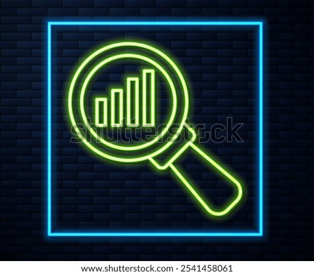 Glowing neon line Magnifying glass and data analysis icon isolated on brick wall background.  Vector