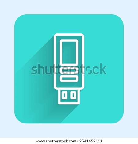 White line USB flash drive icon isolated with long shadow. Green square button. Vector