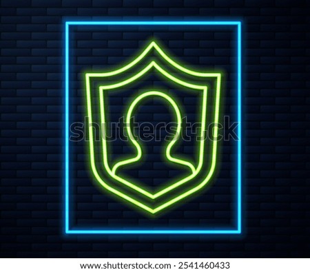 Glowing neon line User protection icon isolated on brick wall background. Secure user login, password protected, personal data protection, authentication.  Vector