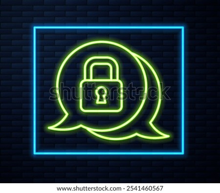 Glowing neon line Cyber security icon isolated on brick wall background. Closed padlock on digital circuit board. Safety concept. Digital data protection.  Vector