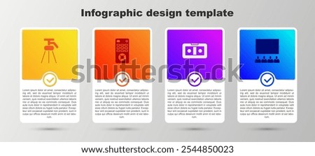 Set Tripod, Remote control, VHS video cassette tape and Cinema auditorium with screen. Business infographic template. Vector