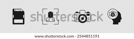 Set SD card, Camera focus frame line, Photo camera and  icon. Vector