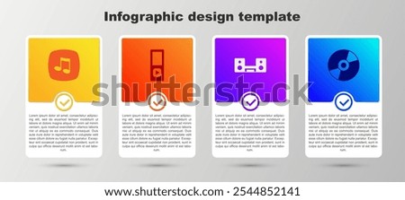 Set Music note, tone, player, Home stereo with two speakers and Vinyl disk. Business infographic template. Vector