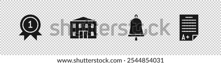 Set Medal, School building, Ringing bell and Exam sheet with A plus grade icon. Vector