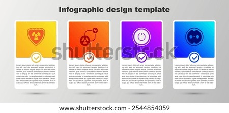 Set Radioactive in shield, exchange energy, Power button and Electrical outlet. Business infographic template. Vector