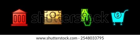 Set Bank building, Stacks paper money cash, Fast payments and Shopping cart and dollar icon. Vector