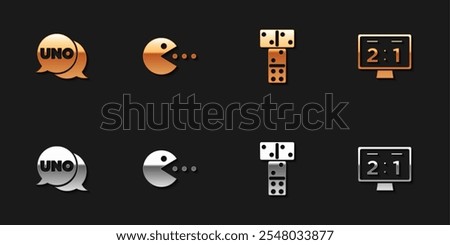 Set Uno card game, Pacman with eat, Domino and Sport mechanical scoreboard icon. Vector