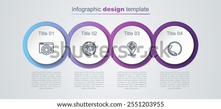 Set line Browser setting, Telephone 24 hours support, Location with gear and . Business infographic template. Vector