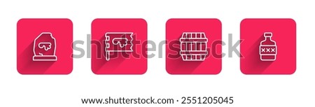 Set line Magic rune, Viking flag, Wooden barrel and Whiskey bottle with long shadow. Red square button. Vector