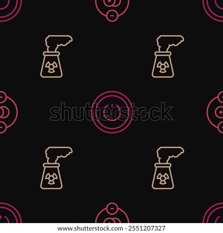 Set line Atom, Nuclear power plant and Power button on seamless pattern. Vector