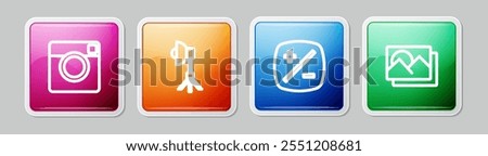 Set line Photo camera, Softbox light, Exposure compensation and frame. Colorful square button. Vector