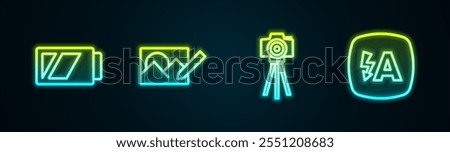 Set line Battery for camera, Photo retouching,  and Auto flash. Glowing neon icon. Vector