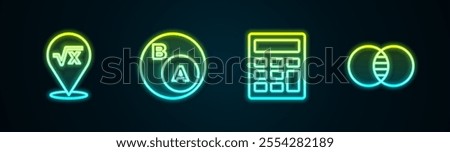 Set line Square root of x glyph, Subsets, math, is subset b, Calculator and Mathematics A and B. Glowing neon icon. Vector