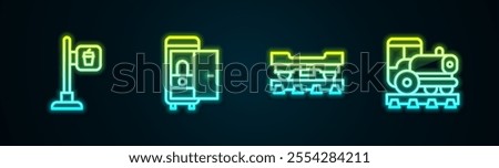 Set line Cafe and restaurant location, Toilet in the train car, Cargo wagon and Vintage locomotive. Glowing neon icon. Vector