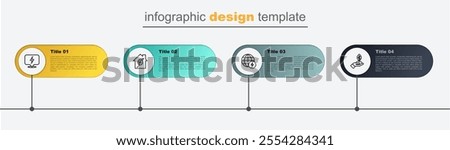 Set line Plant in hand, Global energy power planet, Eco friendly house and Lightning bolt. Business infographic template. Vector