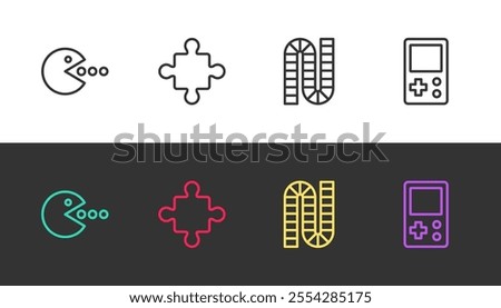 Set line Pacman with eat, Puzzle pieces toy, Board game and Tetris on black and white. Vector