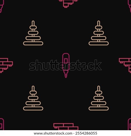 Set line Toy building block bricks, Pyramid toy and Marker pen on seamless pattern. Vector