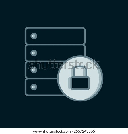 Line Server security with closed padlock icon isolated on black background. Database and lock. Security, safety, protection concept. Flat filled outline style with shadow. Vector