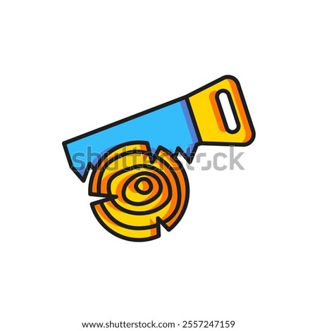 Color Hand saw and log icon isolated on white background. Flat filled outline style with shadow. Vector